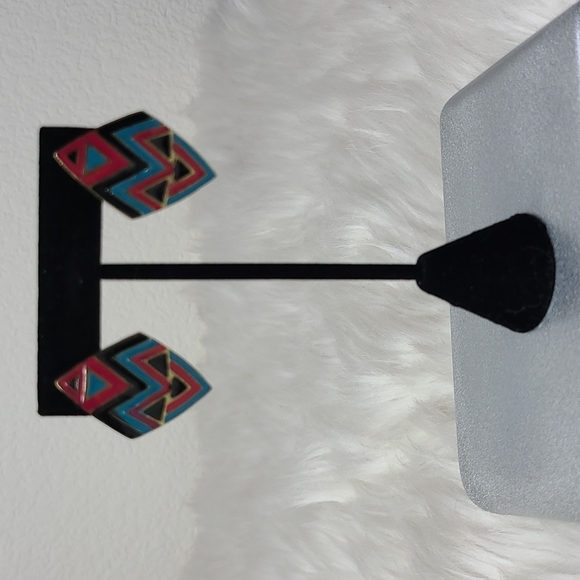 Earrings Southwest  Turquoise Navajo Diamond Shape Enameled Coastal Cowgirl Cute - Picture 4 of 4